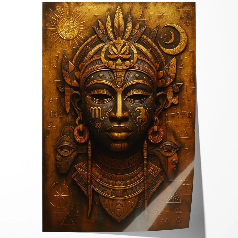 Tableau masque africain tribal doré