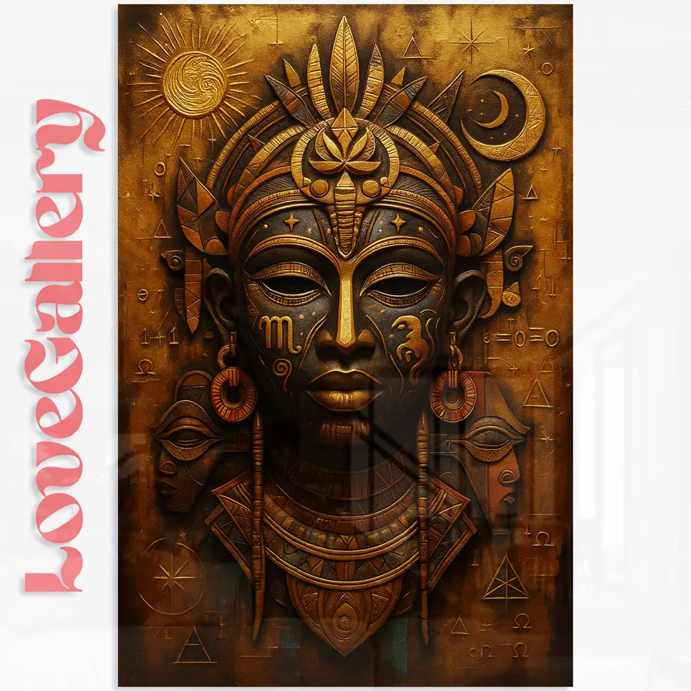 Tableau masque africain tribal doré