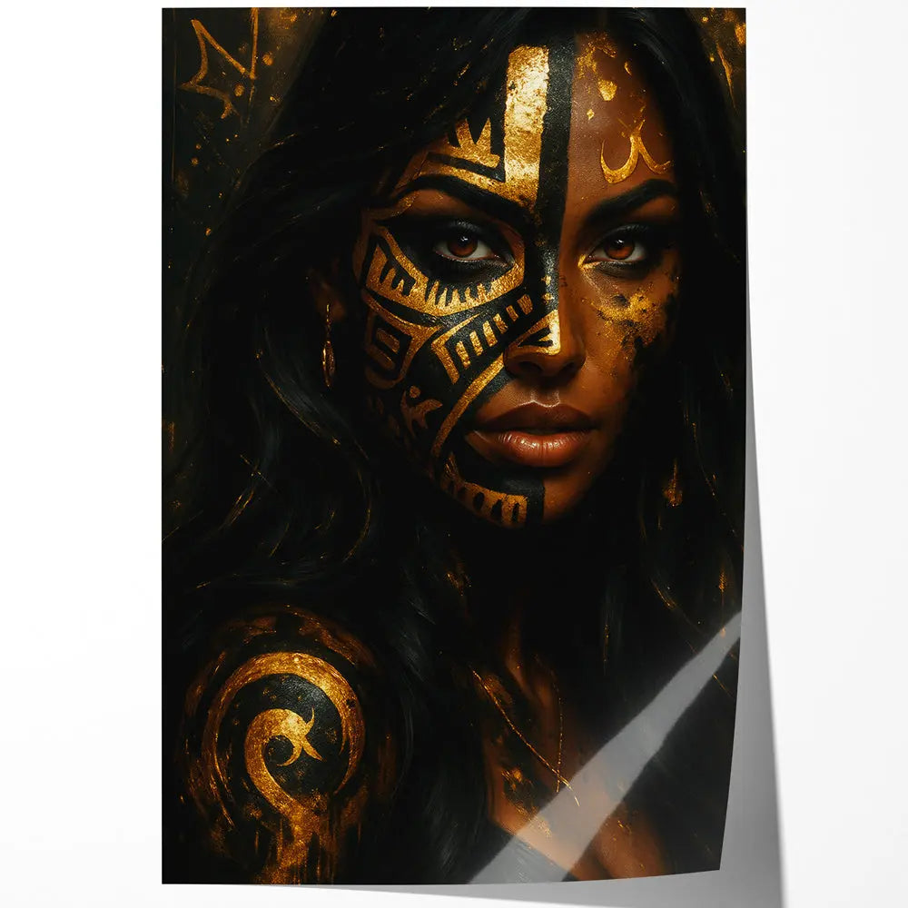 Tableau portrait femme tribal or noir