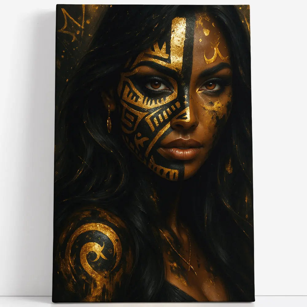 Tableau portrait femme tribal or noir