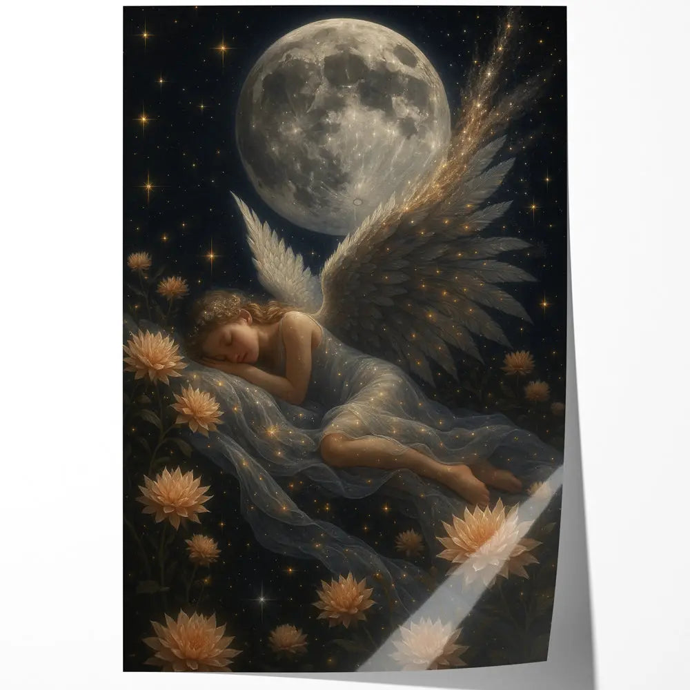Tableau femme ange lune lotus etoiles Love-Gallery