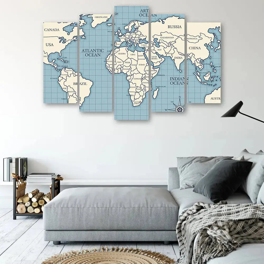 Tableau carte du monde bleu beige Love-Gallery