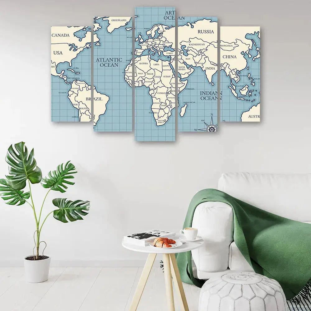 Tableau carte du monde bleu beige Love-Gallery