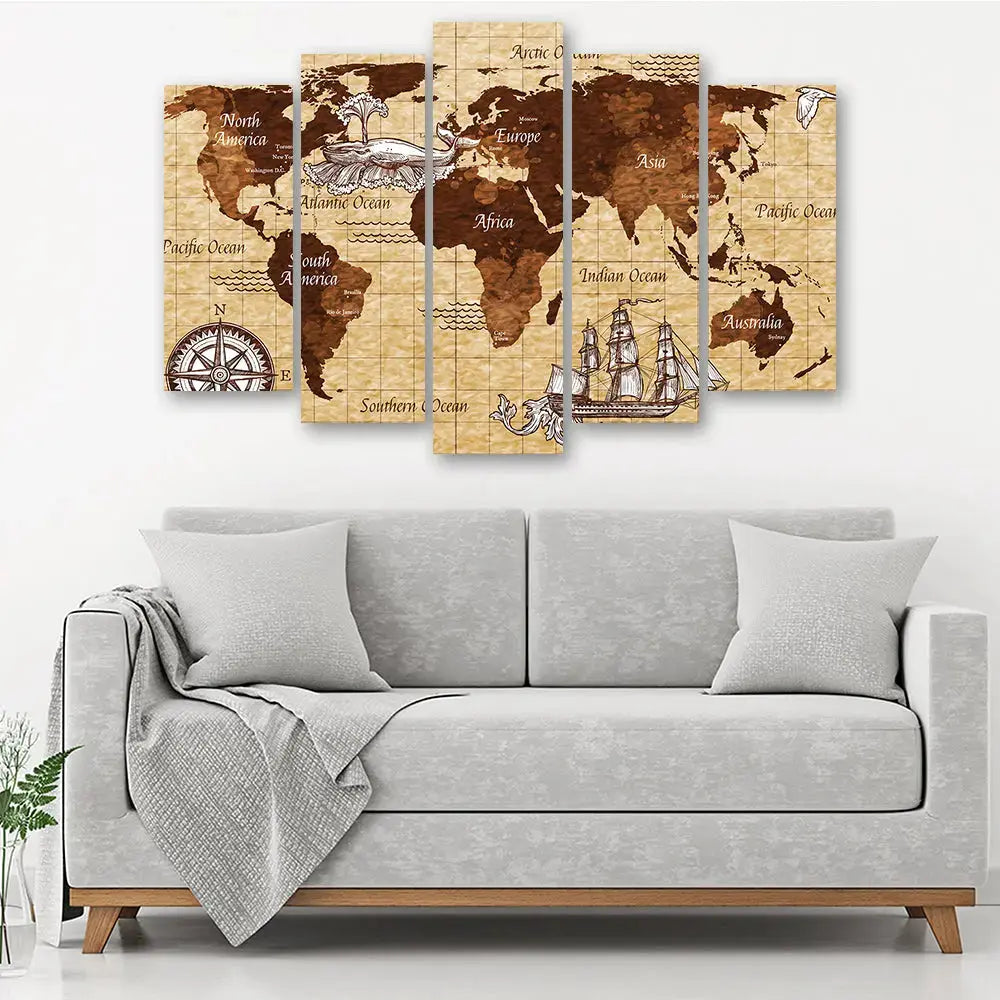 Tableau carte du monde vintage 5 parties Love-Gallery