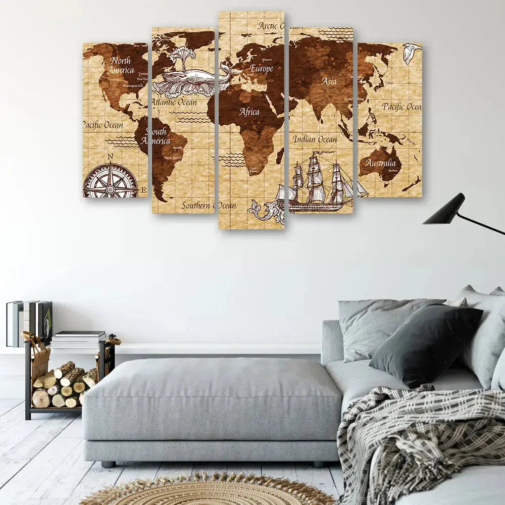 Tableau carte du monde vintage 5 parties Love-Gallery