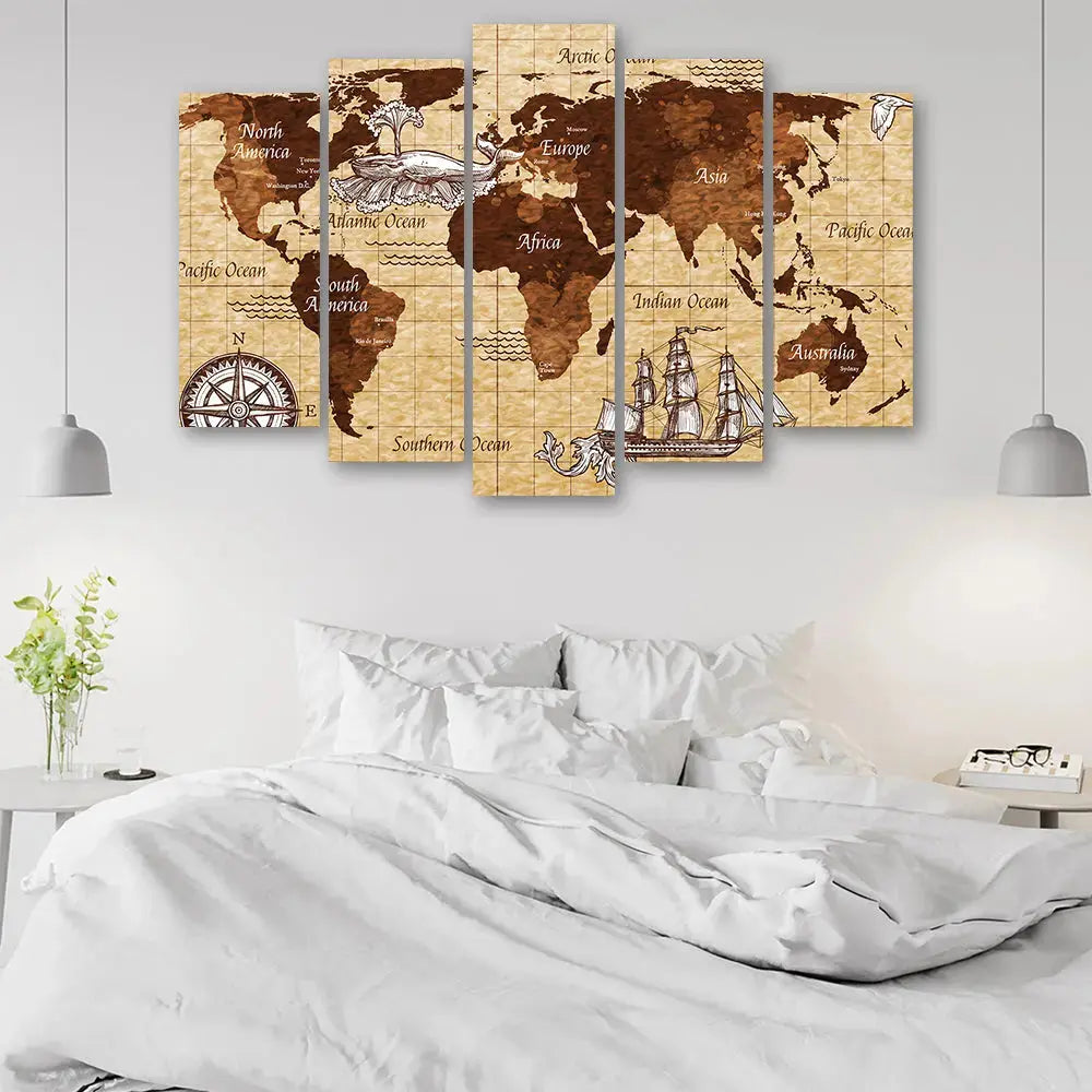 Tableau carte du monde vintage 5 parties Love-Gallery
