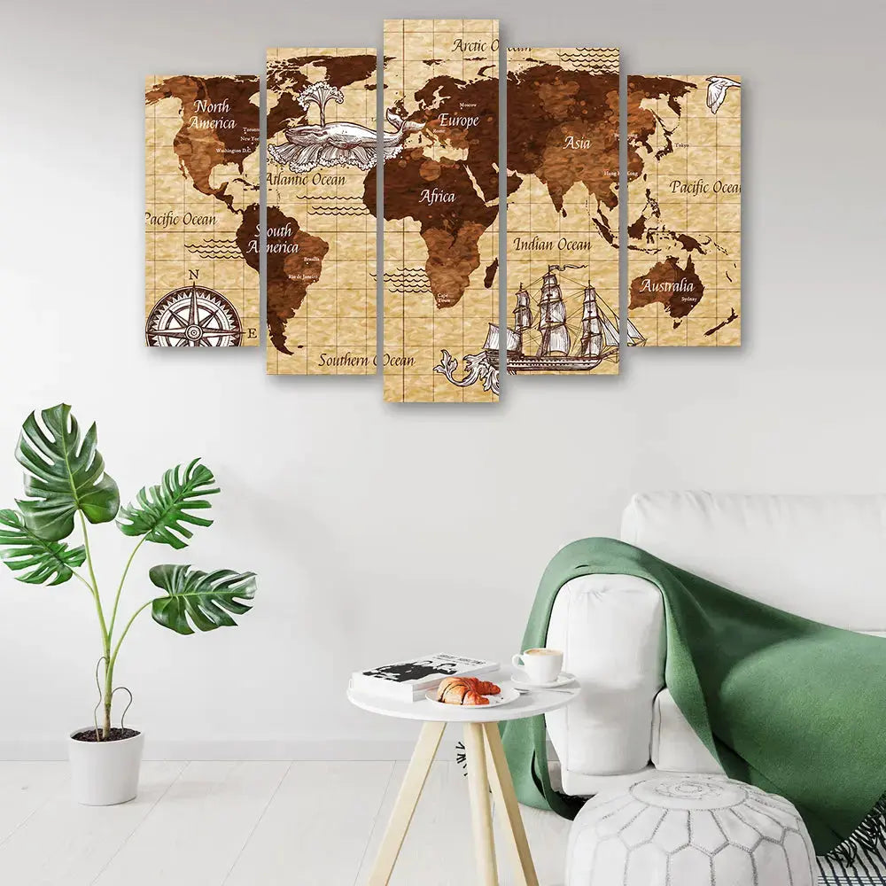 Tableau carte du monde vintage 5 parties Love-Gallery