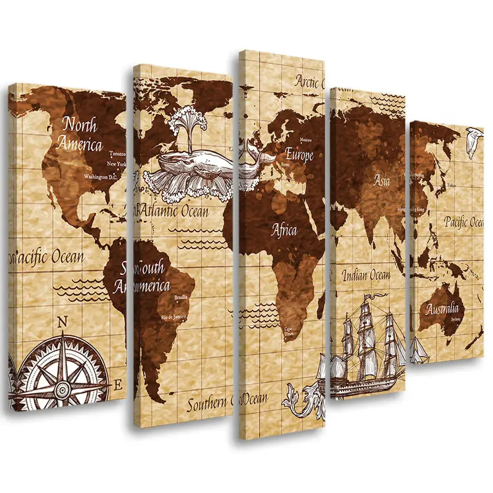 Tableau carte du monde vintage 5 parties Love-Gallery