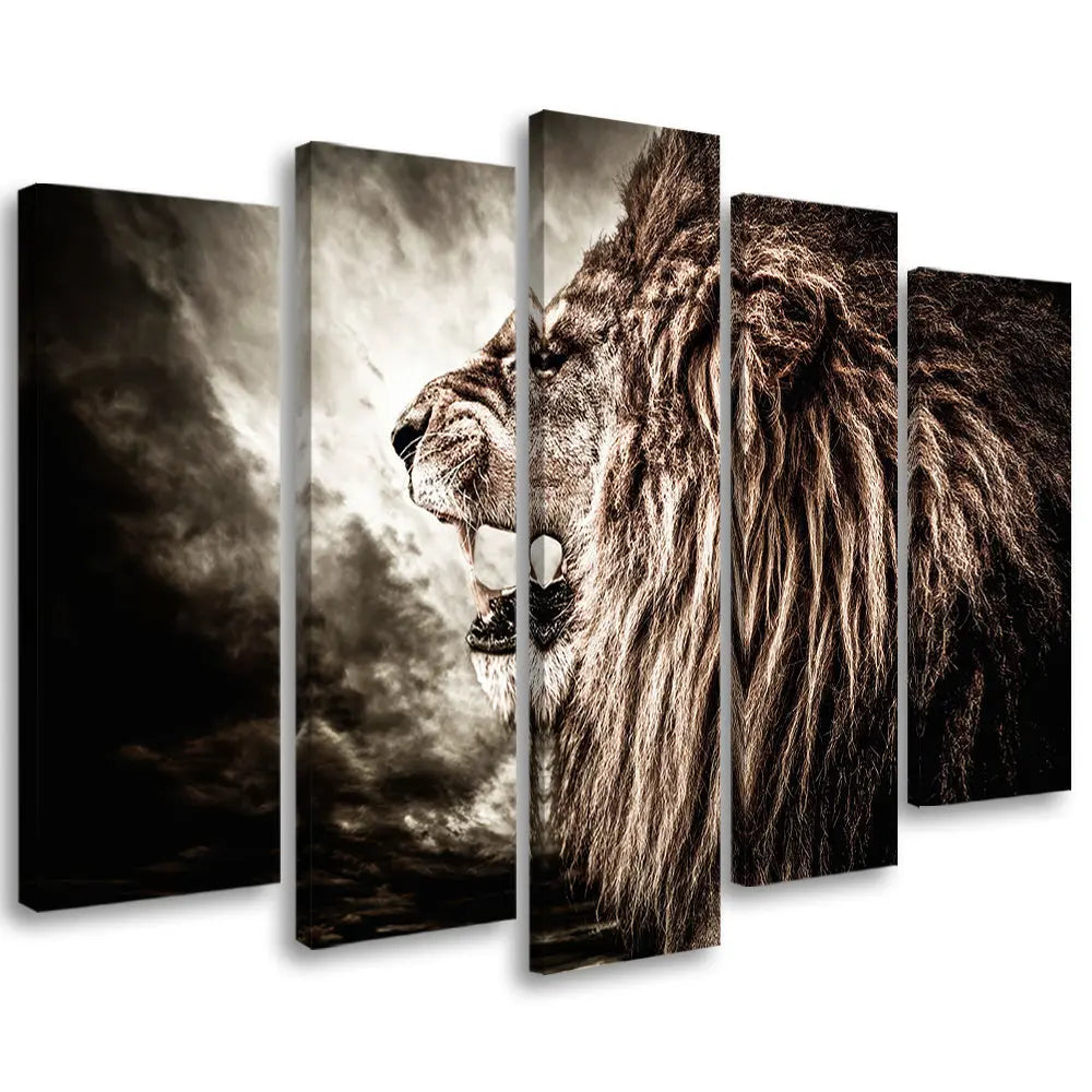 Tableau lion rugissant 5 parties