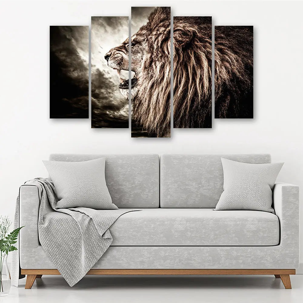 Tableau lion rugissant 5 parties