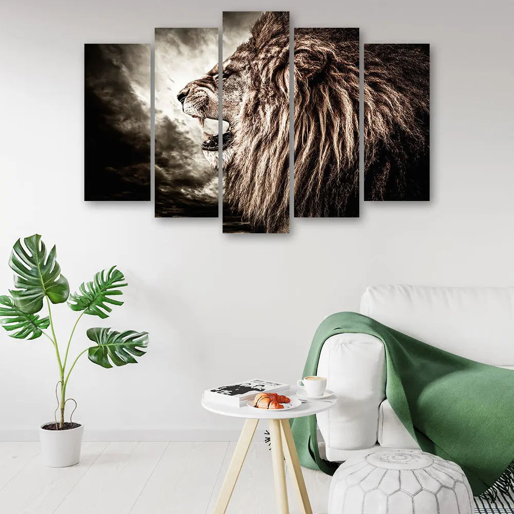 Tableau lion rugissant 5 parties