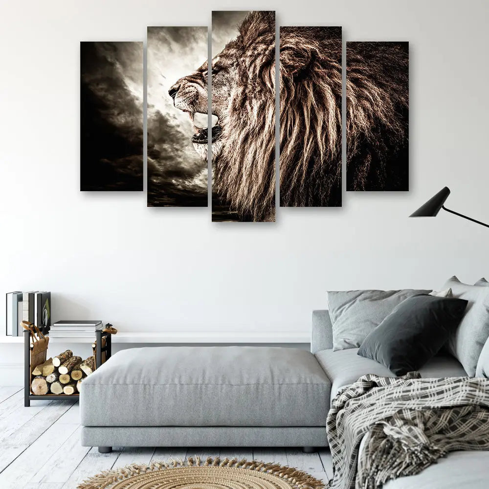 Tableau lion rugissant 5 parties