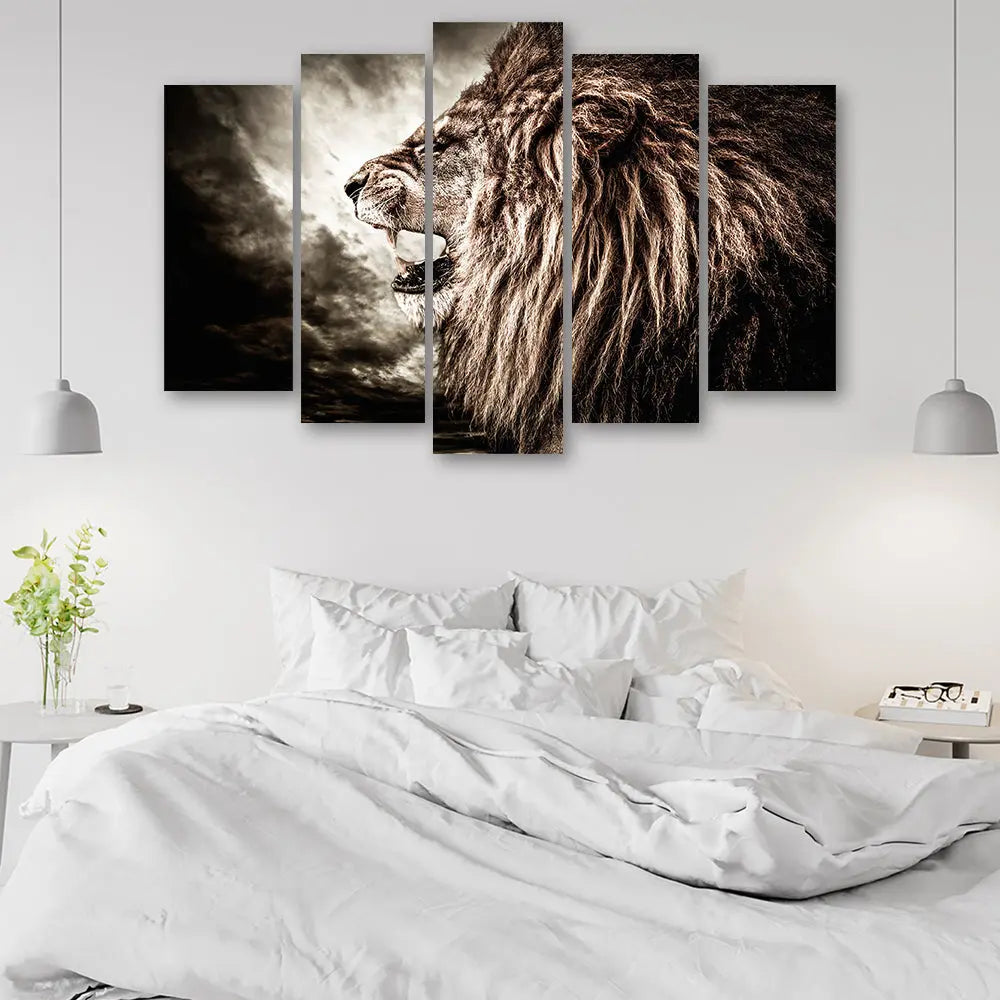 Tableau lion rugissant 5 parties