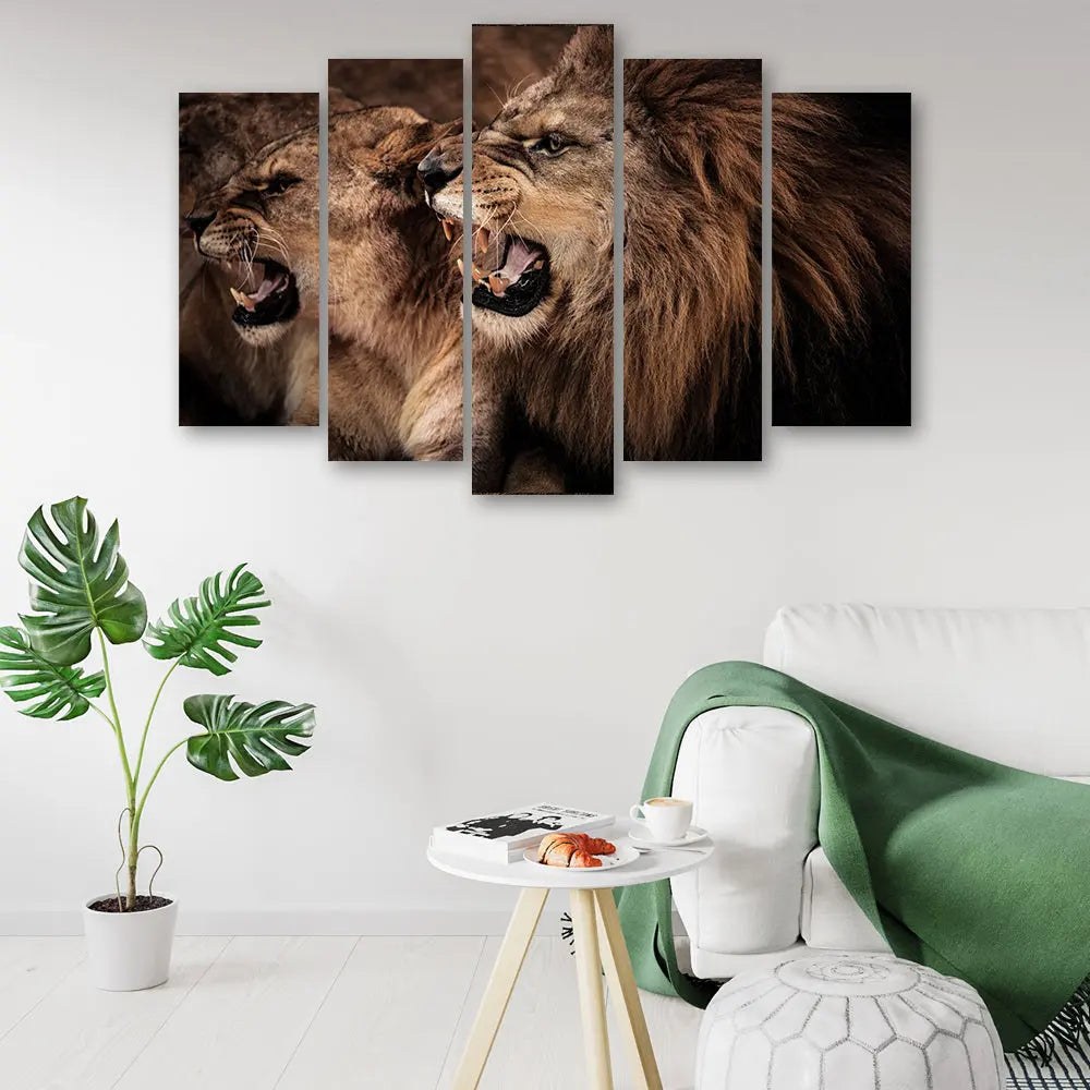 Tableau lionne et lion 5 parties Love-Gallery