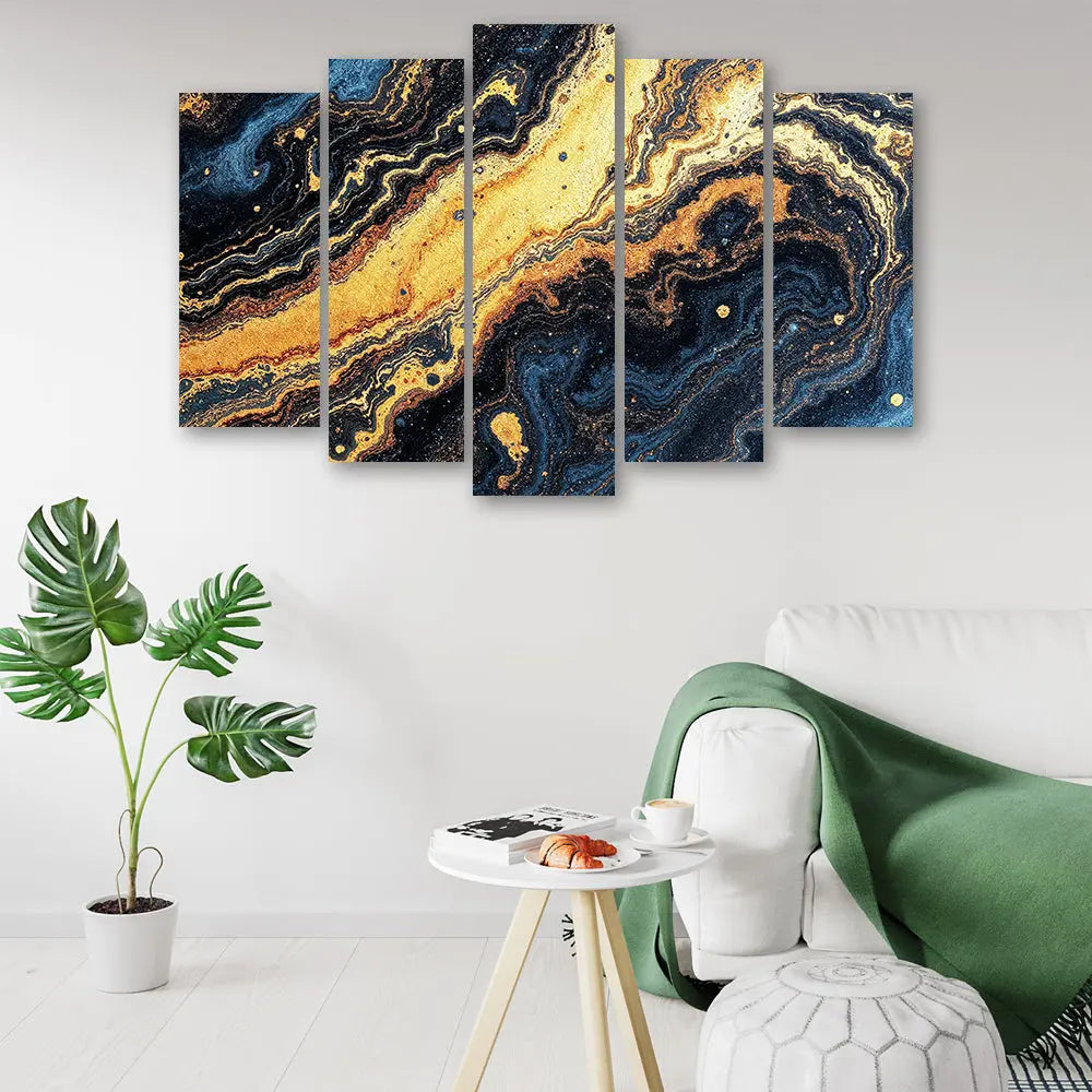 Tableau abstrait vague dorée et bleue Love-Gallery