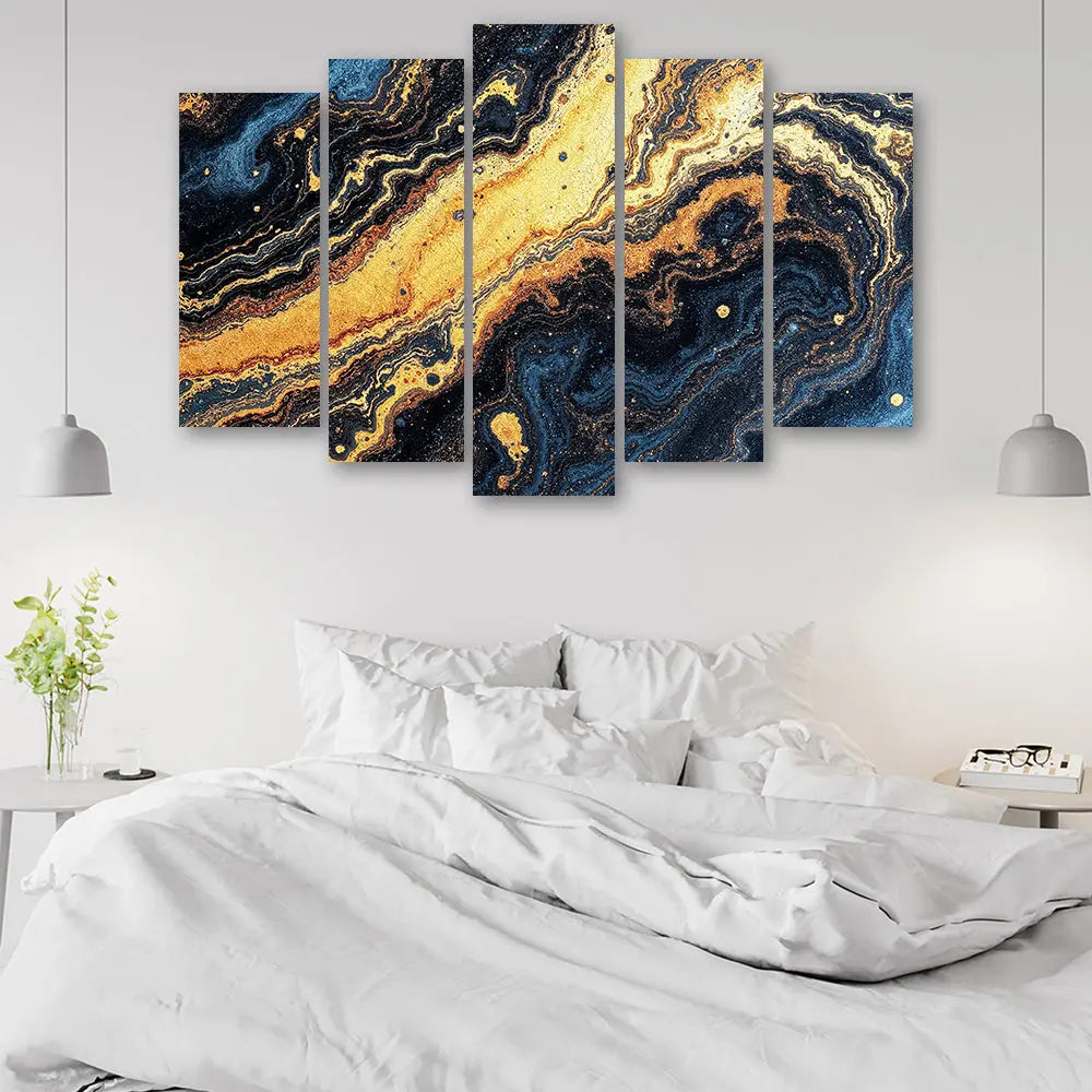 Tableau abstrait vague dorée et bleue Love-Gallery