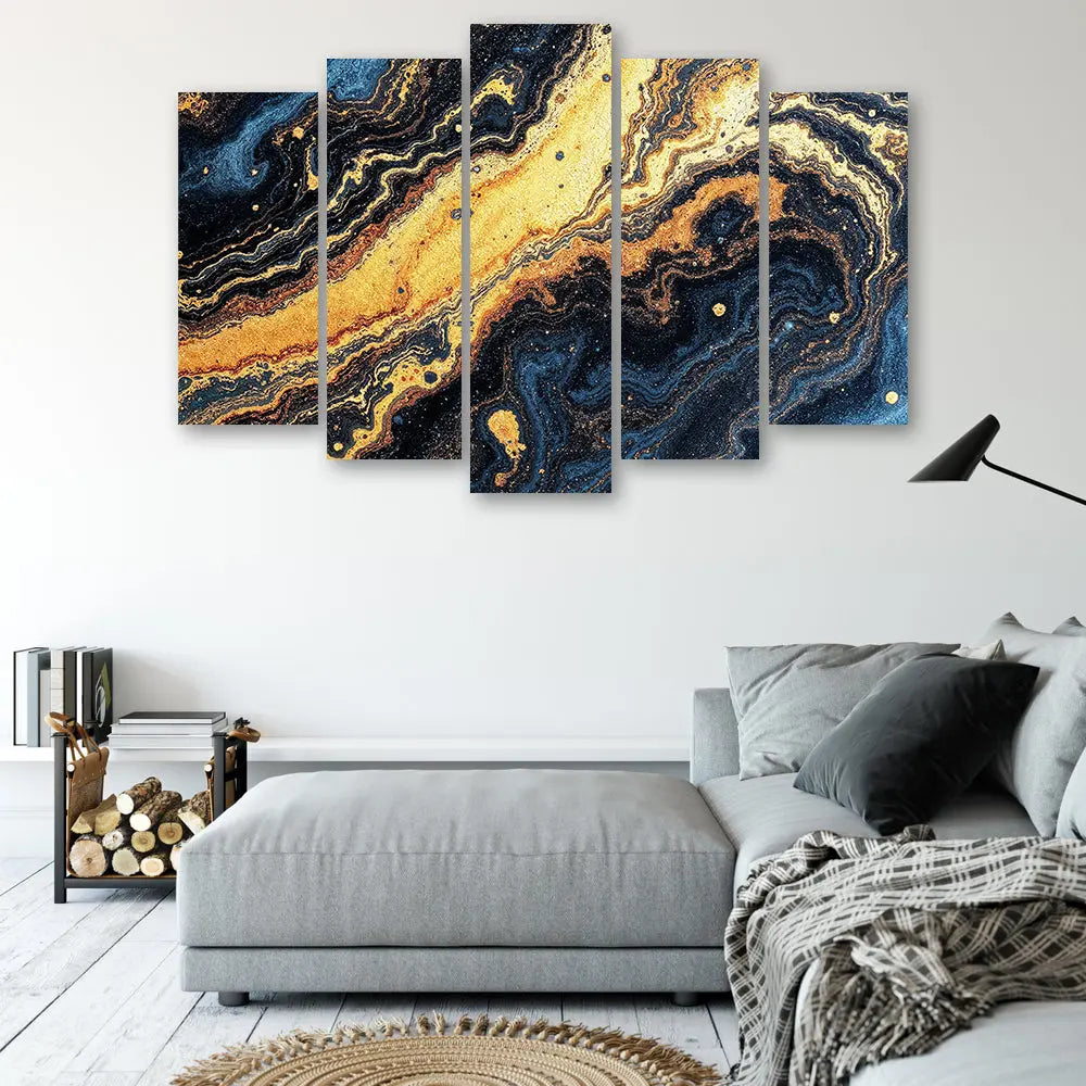 Tableau abstrait vague dorée et bleue Love-Gallery