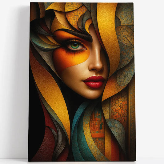 Tableau abstrait portrait femme or et feuilles