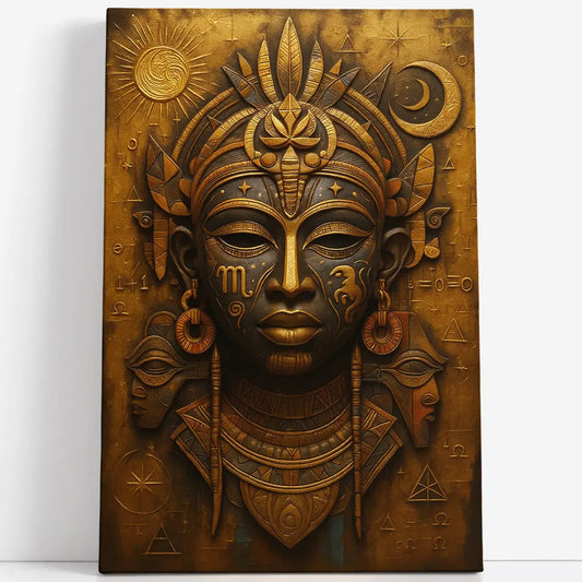 Tableau masque africain tribal doré