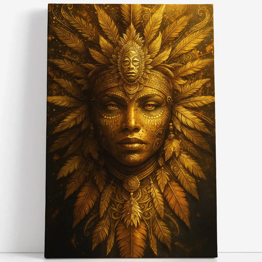 Tableau masque femme doré plumes