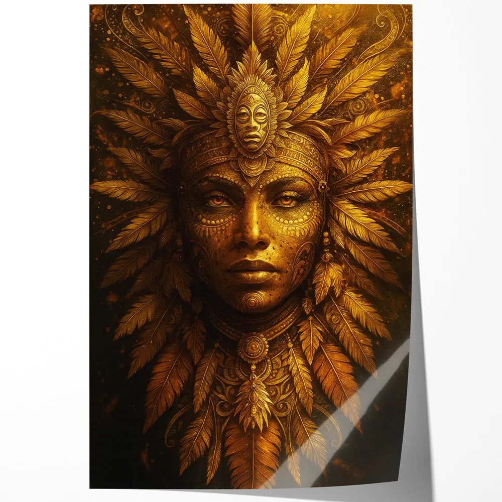 Tableau masque femme doré plumes