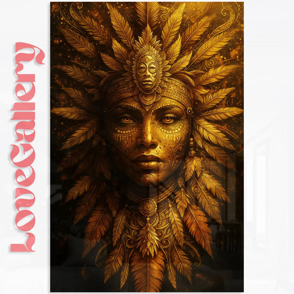 Tableau masque femme doré plumes