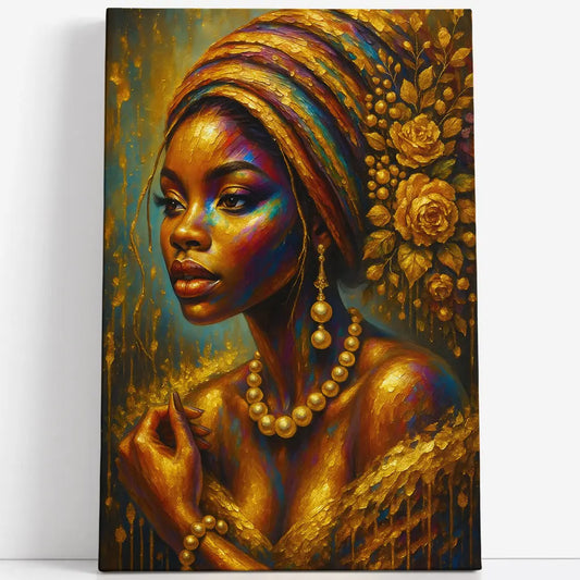 Tableau portrait africaine doré floral