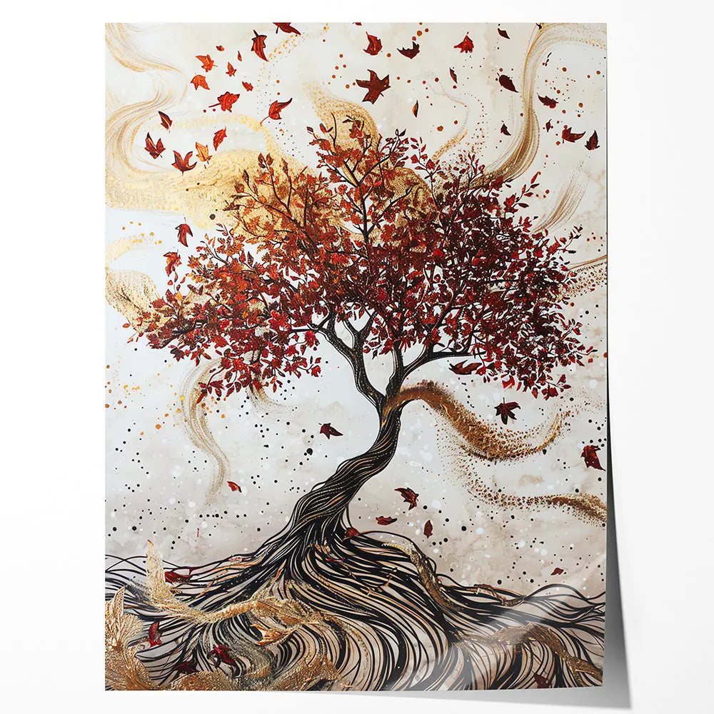 Tableau arbre doré feuilles rouges Love-Gallery