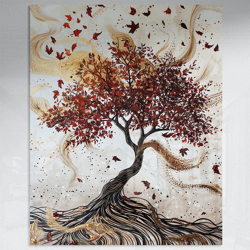 Tableau arbre doré feuilles rouges Love-Gallery