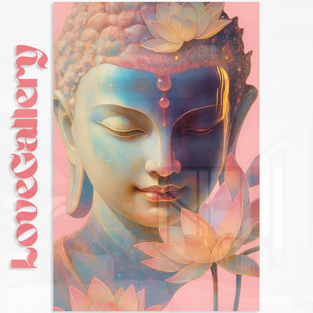 Tableau visage Bouddha lotus roses Love-Gallery