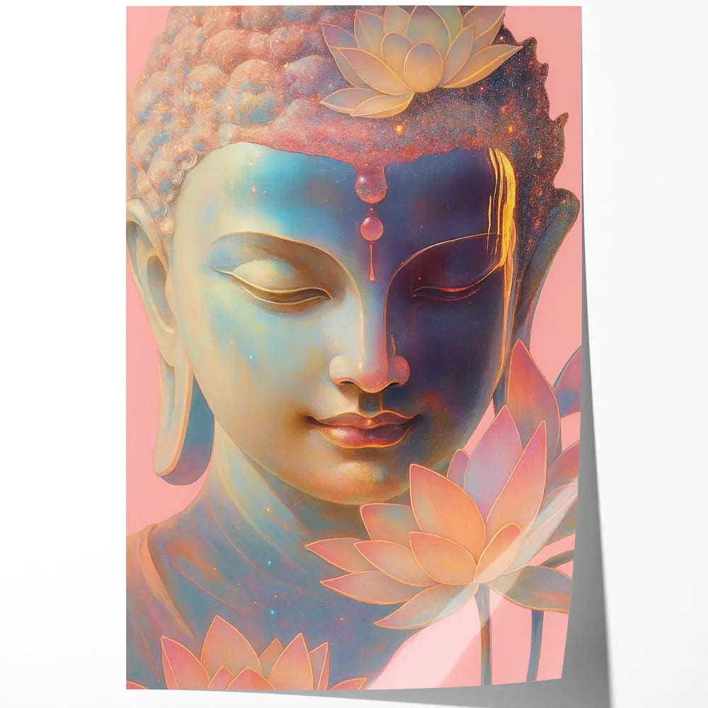 Tableau visage Bouddha lotus roses Love-Gallery
