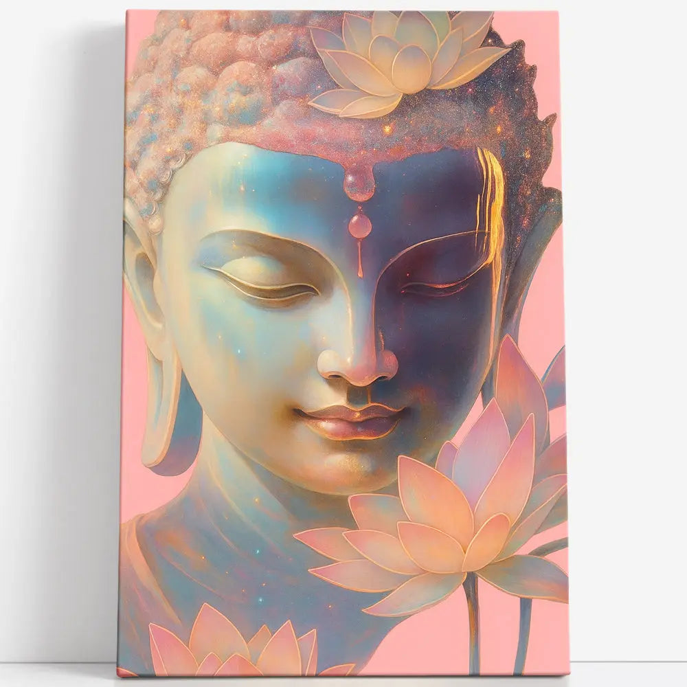 Tableau visage Bouddha lotus roses Love-Gallery