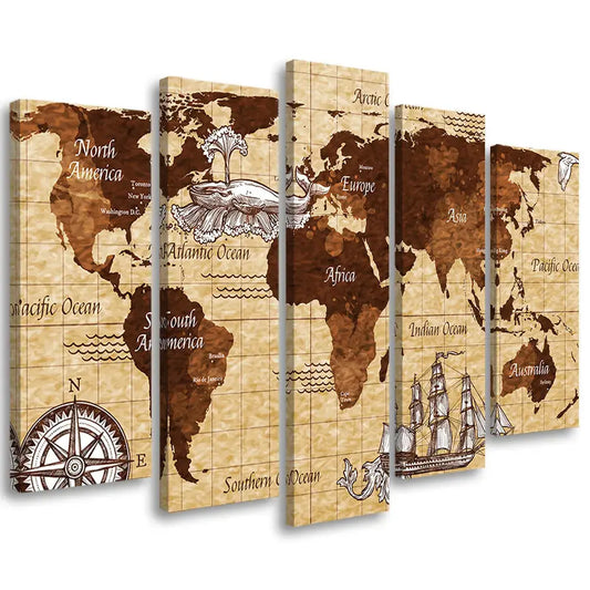 Tableau carte du monde vintage 5 parties Love-Gallery