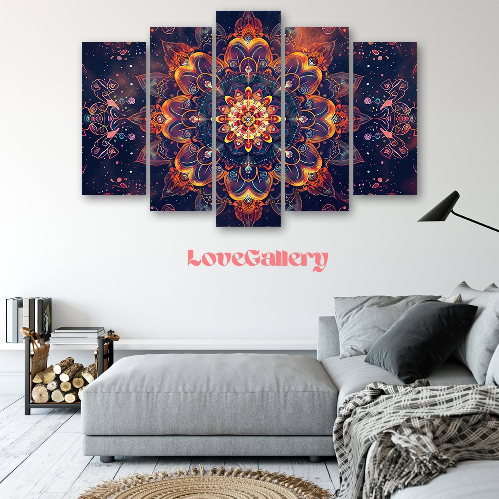 Tableau mandala noir rouge abstrait