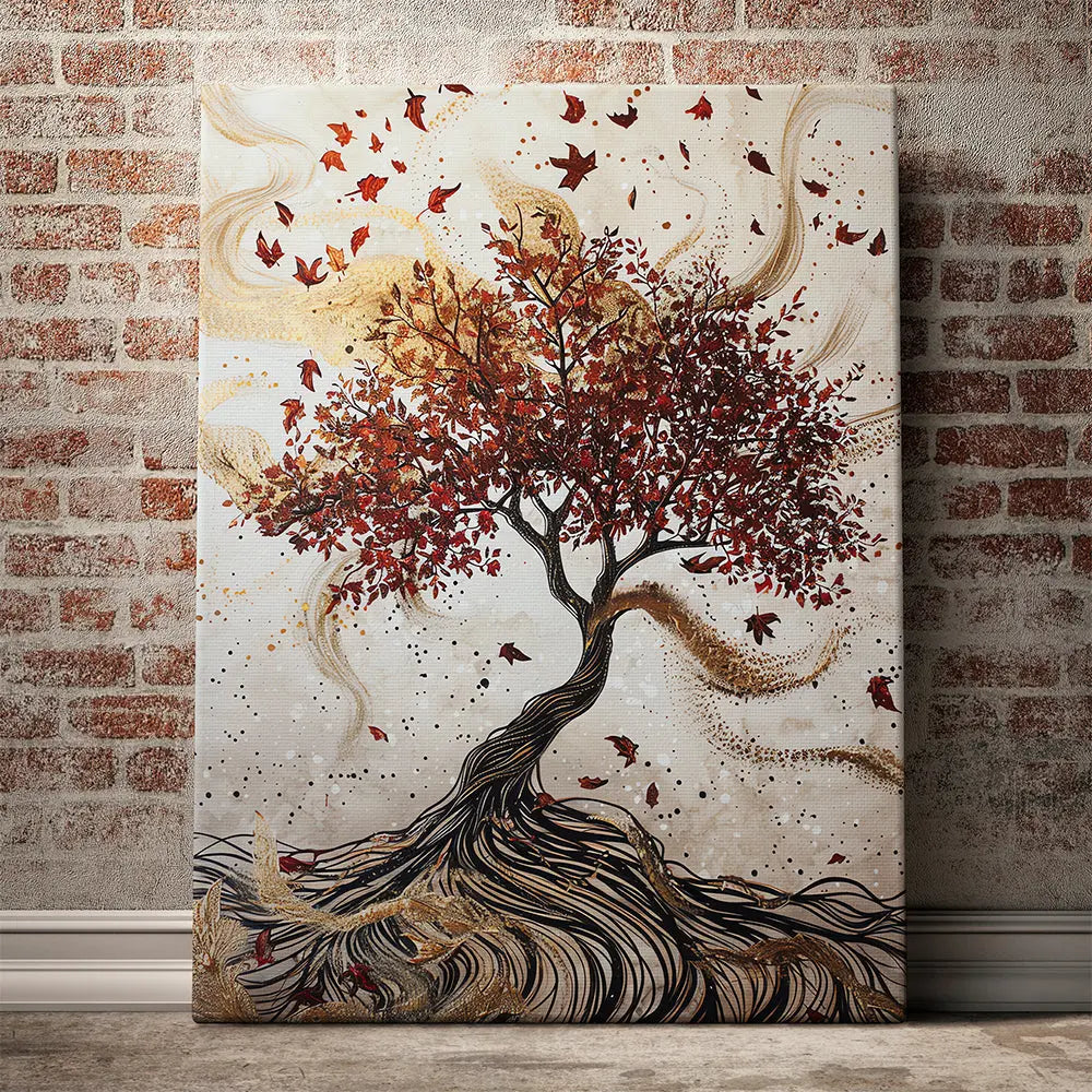 Tableau arbre doré feuilles rouges Love-Gallery