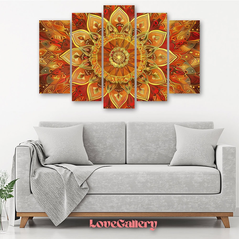 Tableau mandala doré rouge abstrait